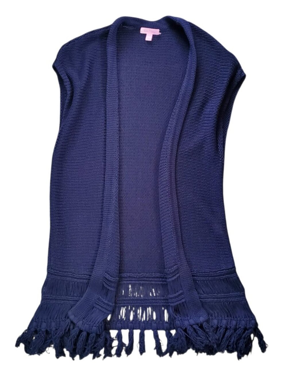 Lilly Pulitzer Tatum Navy Blue Knit Fringe Sleeveless Cardigan Shrug - XS